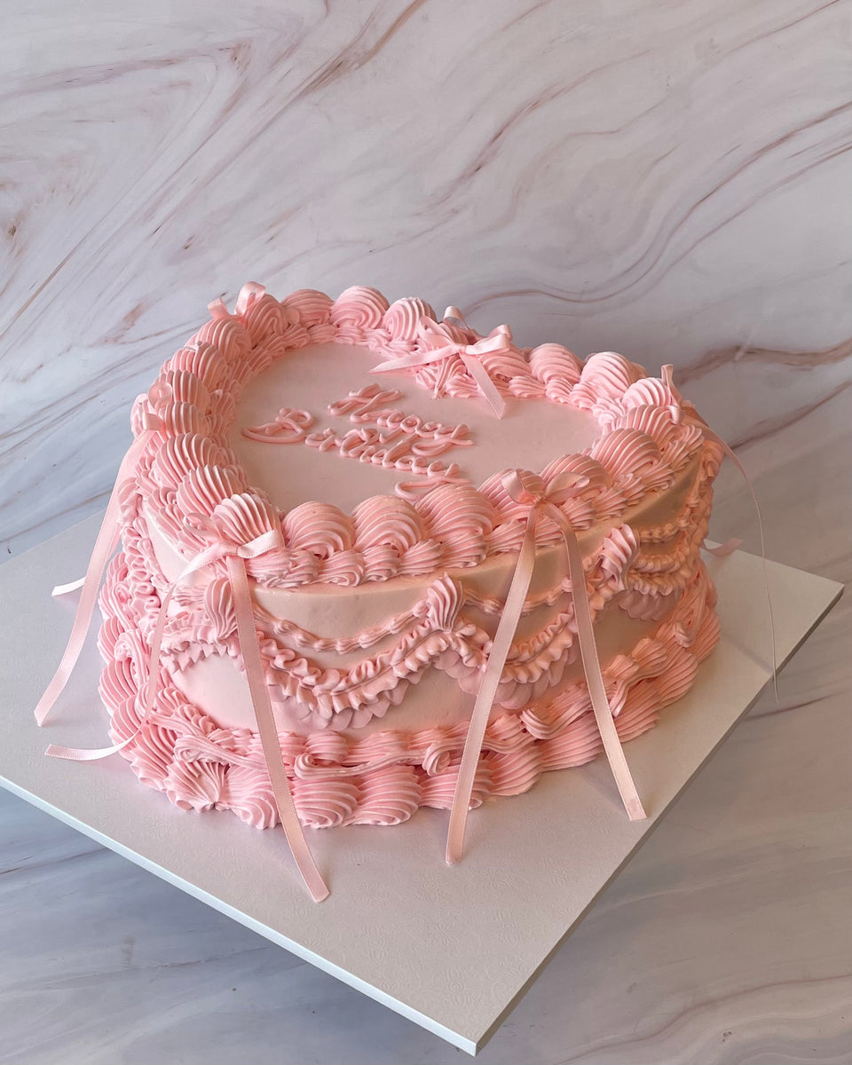 Pink Cake With Ribbon Ribbons and Bows Vintage Heart Cake - Sydney Cake Delivery - Flour Lane
